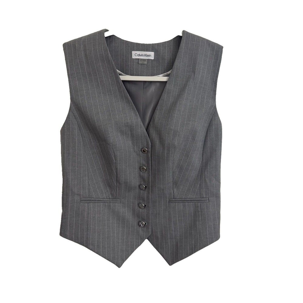 Calvin Klein Vest Womens 2 Gray Pinstripe Button Front Career Office Chic NWT